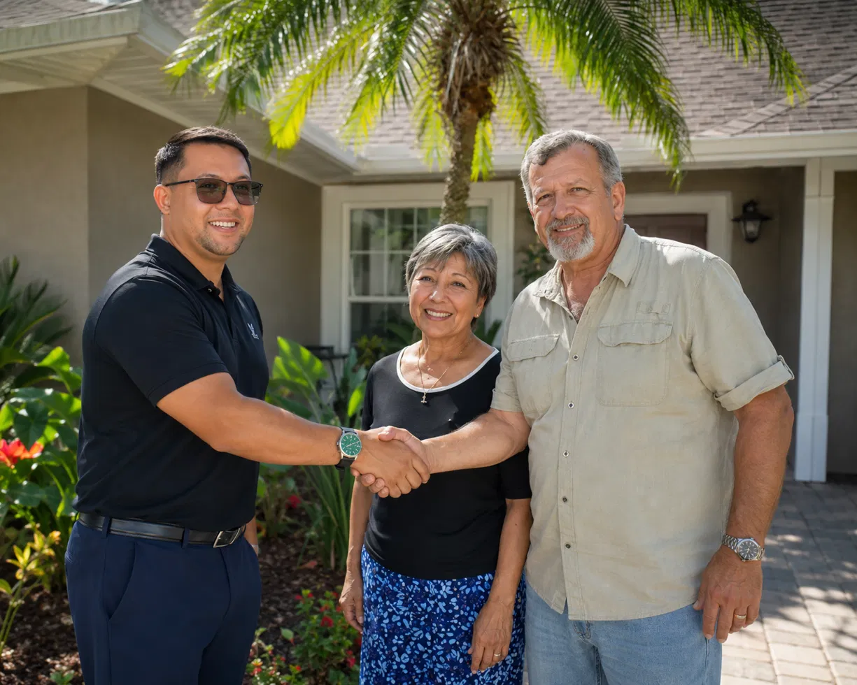Gio shaking hands with homeowners in front of their home