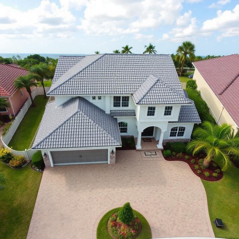 Aerial view of a two-story Central Florida home with a new gray tile-look roof