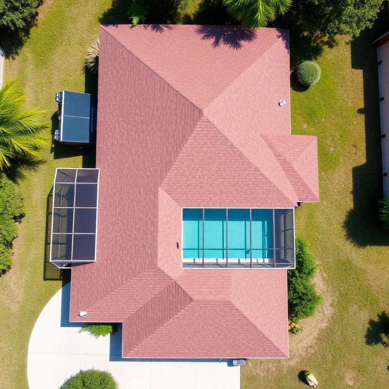 Aerial view of a Florida home with a red-brown shingle roof and screened pool enclosure