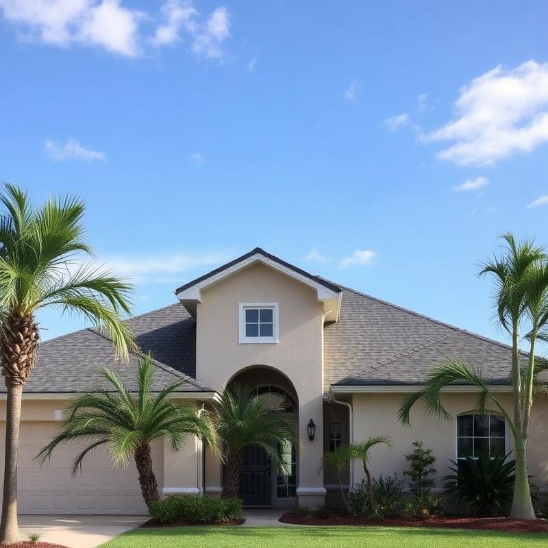 Central Florida stucco home with a new architectural shingle roof and palm landscaping