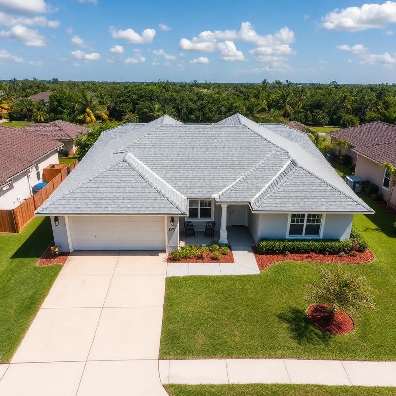 Aerial view of a single-story Florida home with a light gray architectural shingle roof