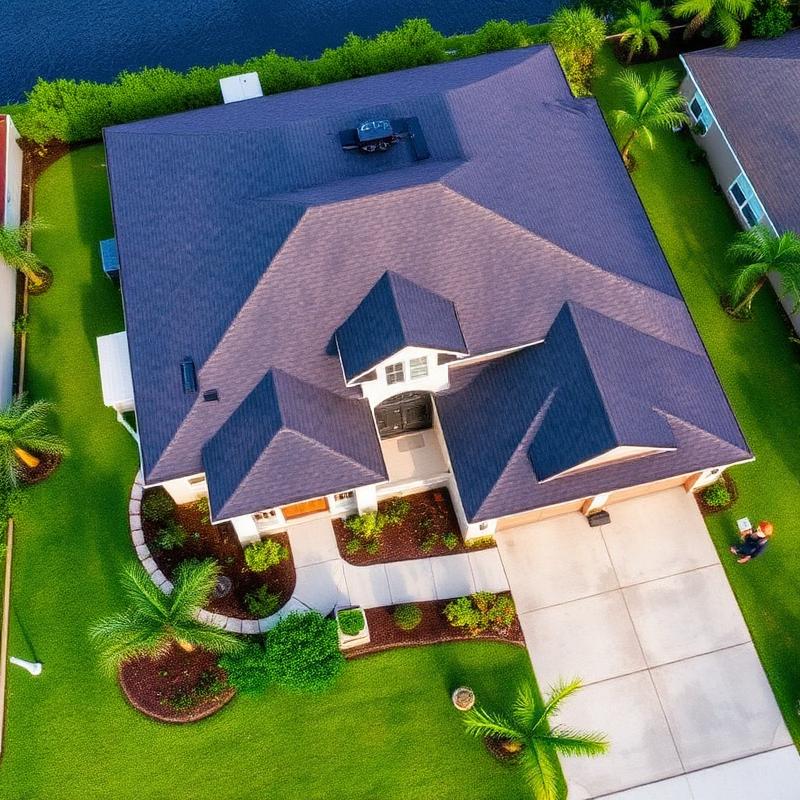 Aerial view of a lakefront Florida home with a dark architectural shingle roof