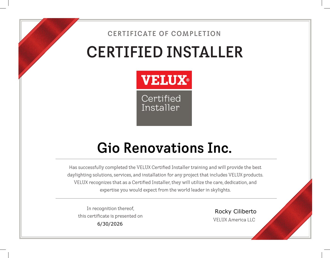 VELUX Certified Installer certificate